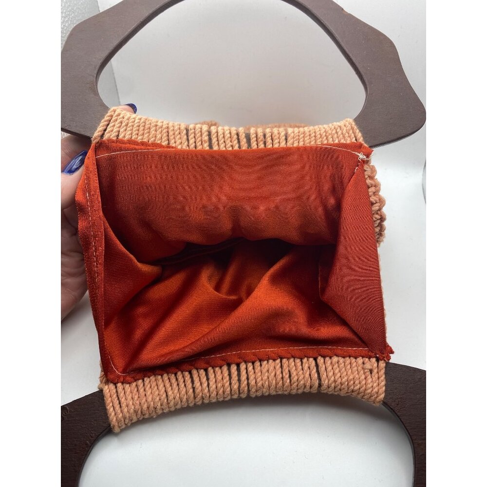 Vintage Macrame Handbag Boho Crochet Purse Wood Handle 70s Tote - Picture 5 of 9